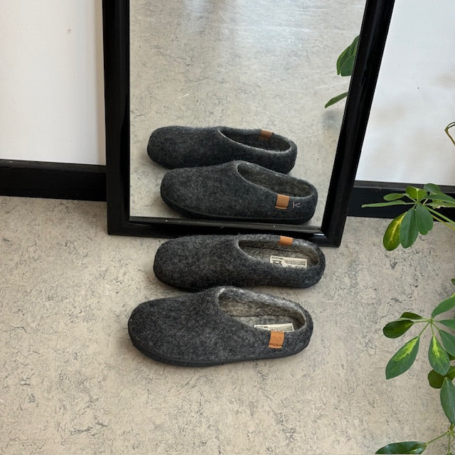 Låga mörkgrå ulltofflor med halkfria sulor från Green Comfort