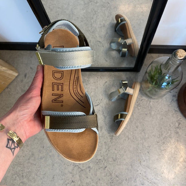 Ljusblå/grön Woden-sandal med bra hålfotsstöd.
