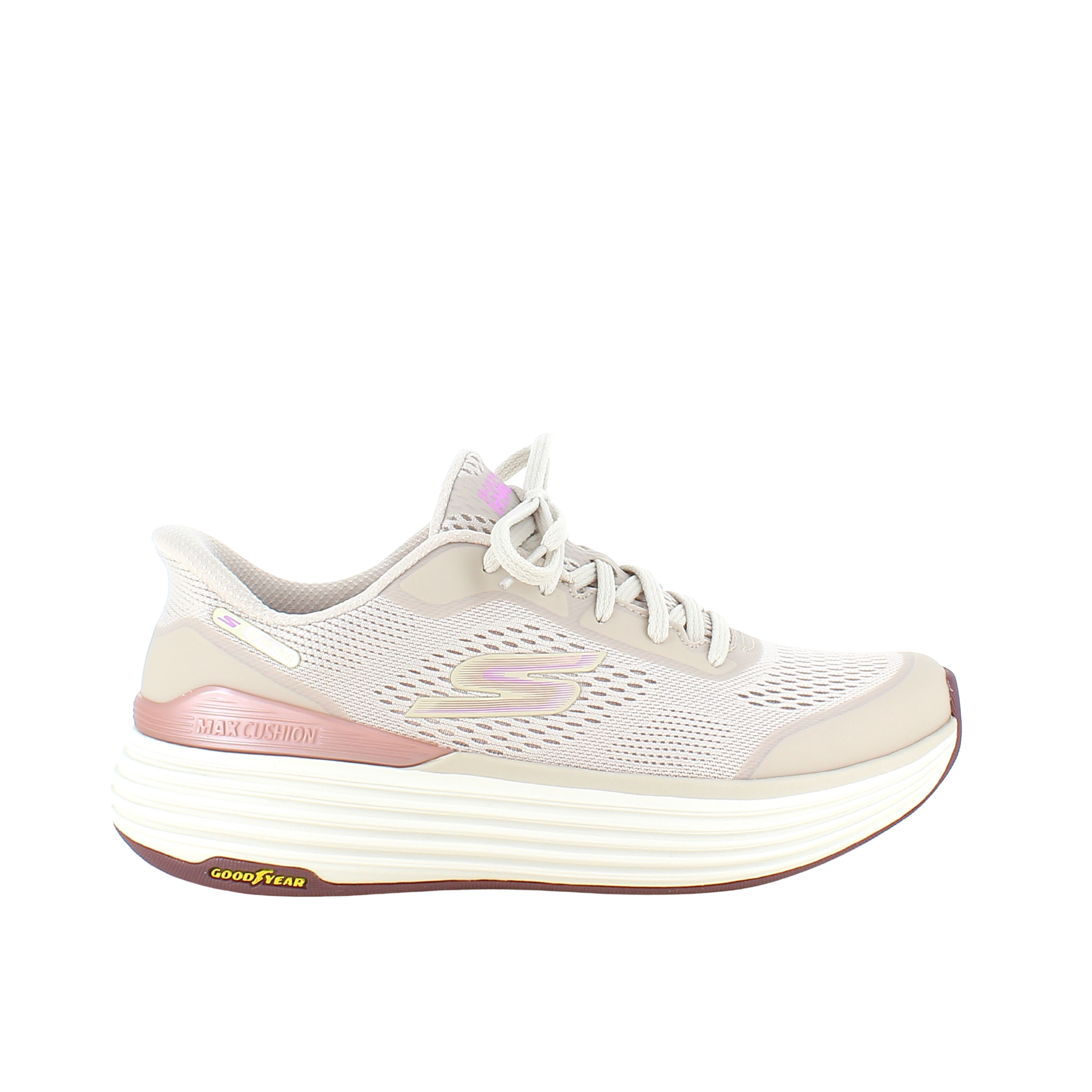Beige Skechers slip-in med Max Cushioning-sula