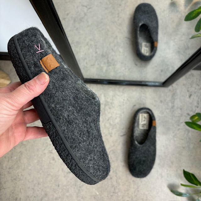 Låga mörkgrå ulltofflor med halkfria sulor från Green Comfort