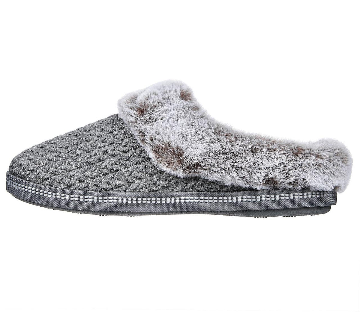 Grå tofflor med konstpäls från Skechers