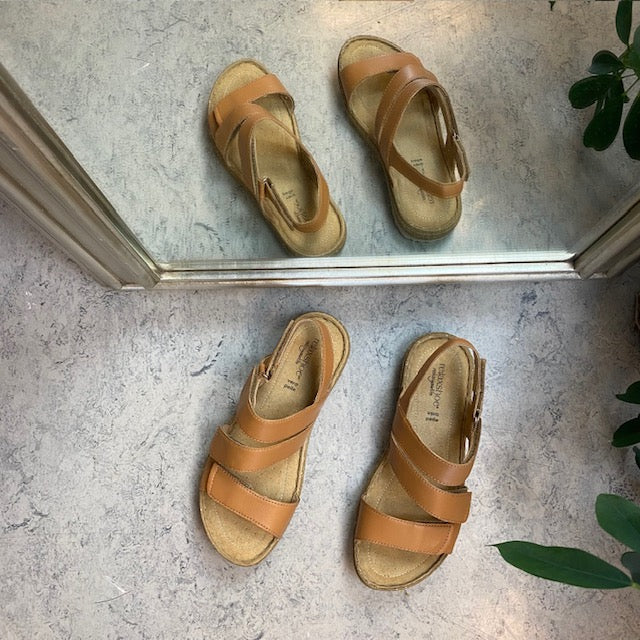 Brun lädersandal med fyra justerbara kardborreremmar från Relaxshoe