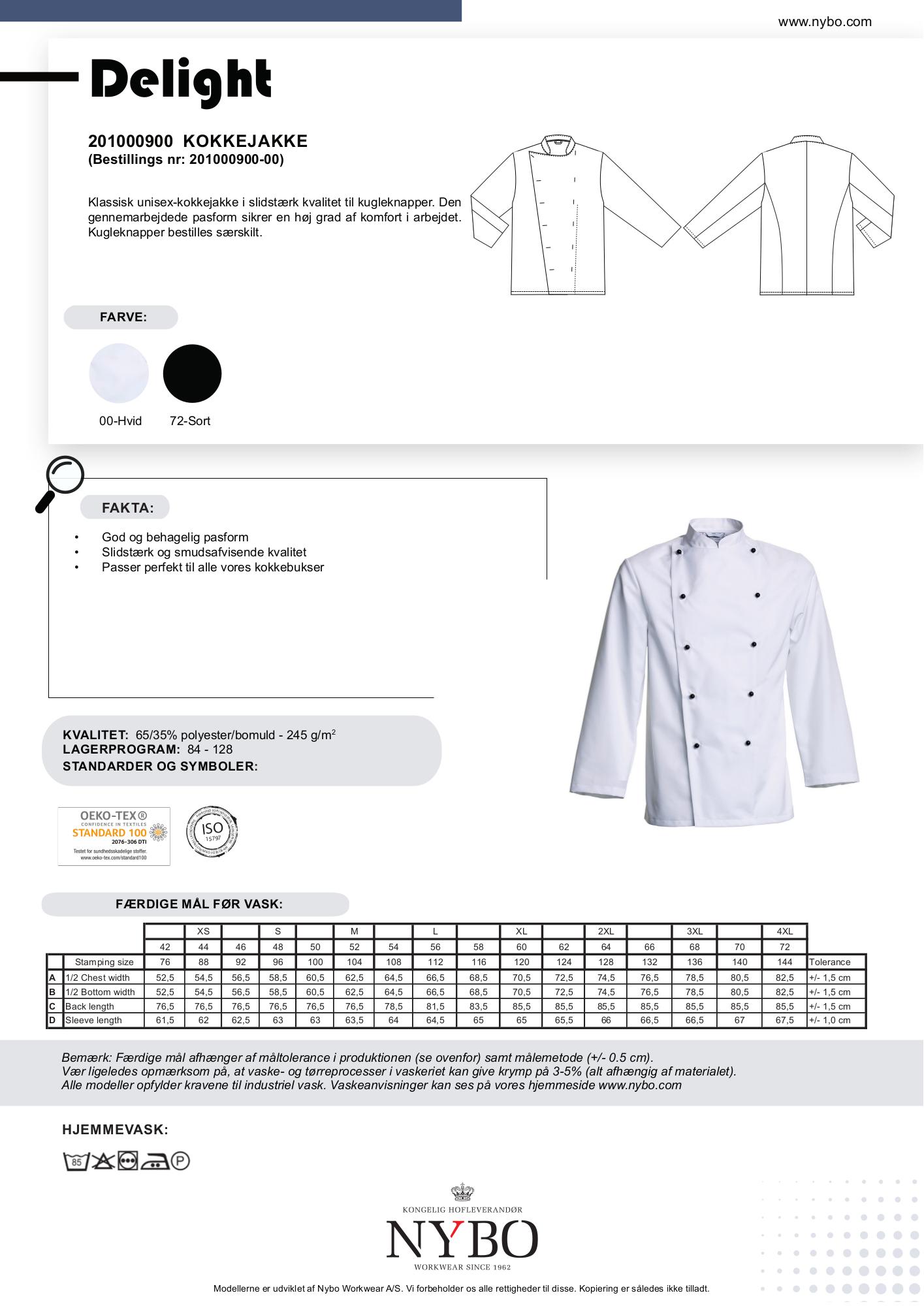Nybo Delight unisex kockjacka i vit – klassisk passform, slitstark kvalitet och justerbara manschetter