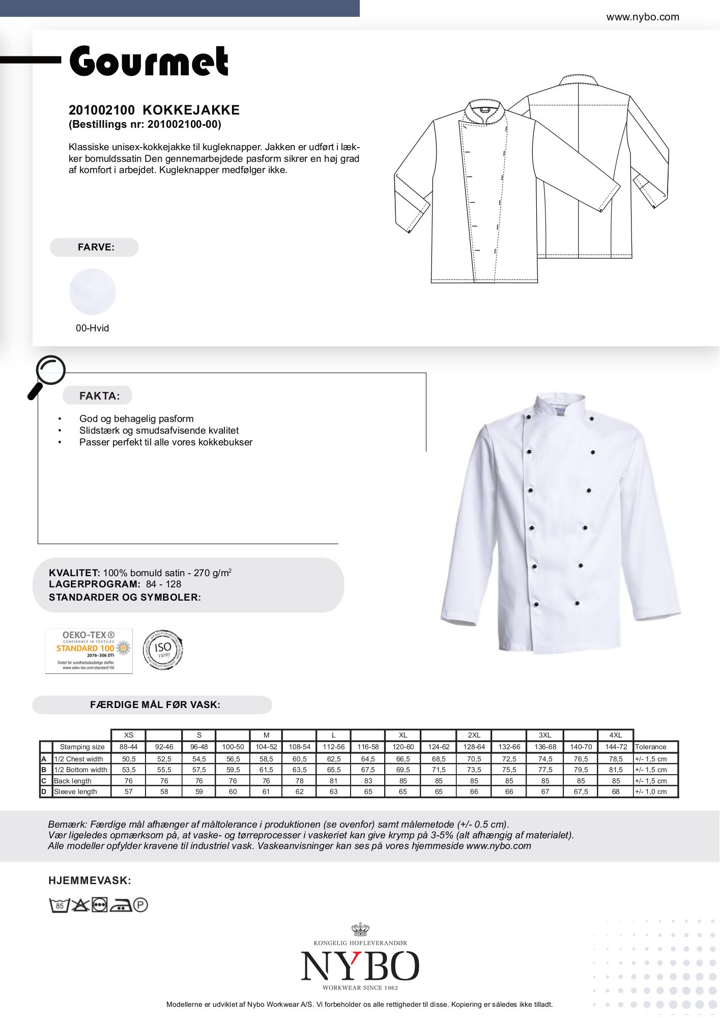 Nybo Hvid Unisex Gourmet Kokkejakke, Komfort, Bomullssatin