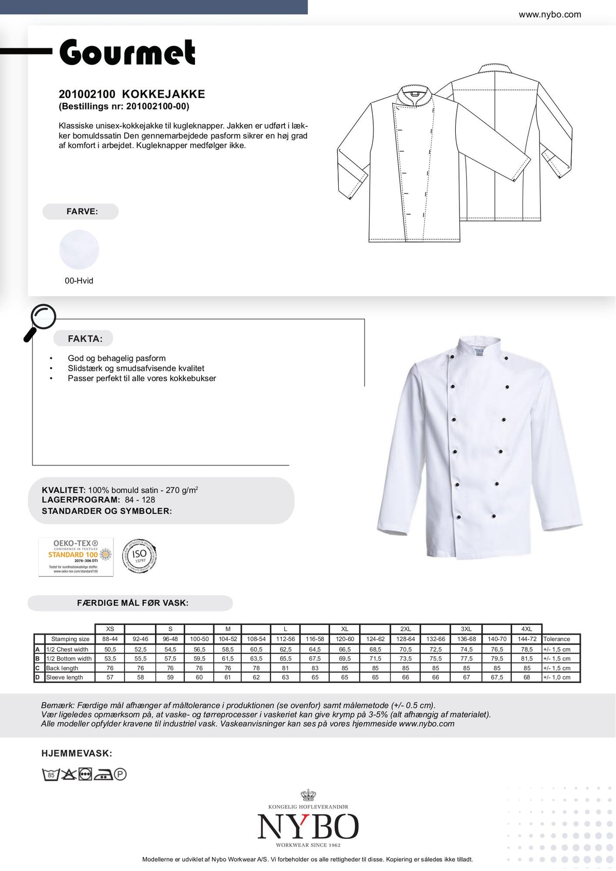 Nybo Hvid Unisex Gourmet Kokkejakke, Komfort, Bomullssatin