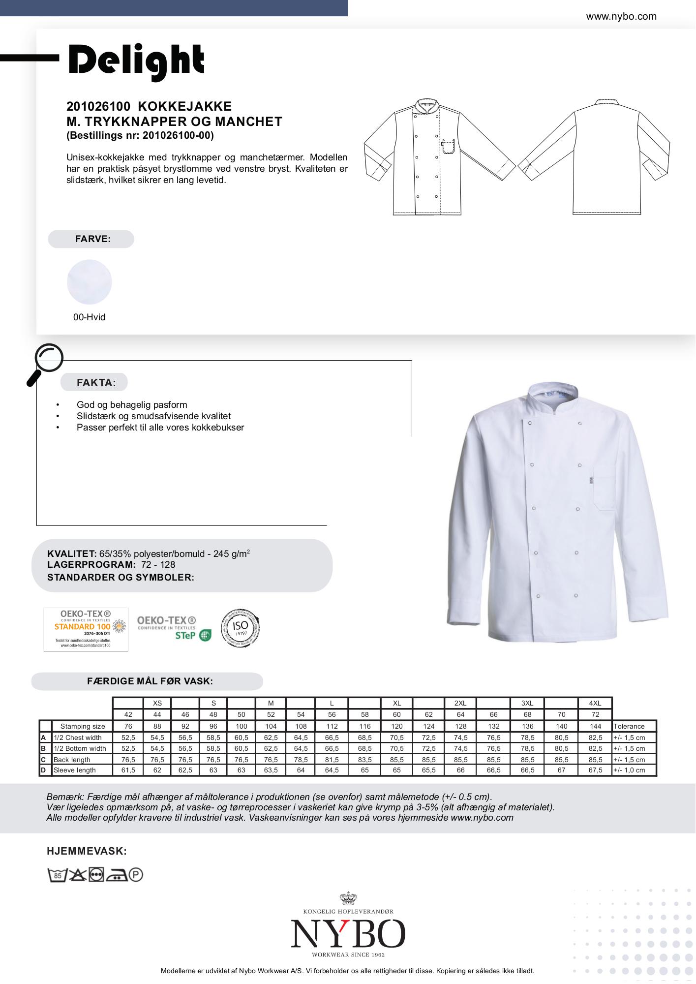 Nybo Vit Unisex Delight Kockjacka, tryckknappar, slitstark