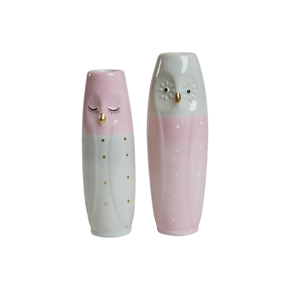 Pastellfärgade kloka ugglor, porslinsfigurer 17 cm