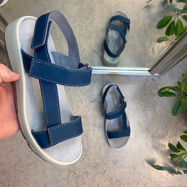 Blå skinnsandal med tre justerbara remmar och fotvalvsstöd