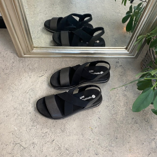 Svart sandal från Remonte med elastiska remmar och uttagbar innersula