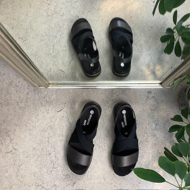 Svart sandal från Remonte med elastiska remmar och uttagbar innersula