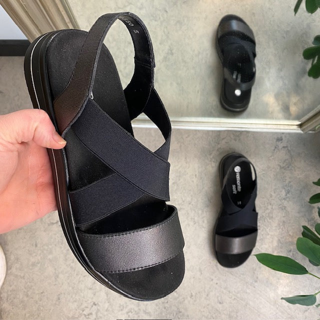 Svart sandal från Remonte med elastiska remmar och avtagbar sula