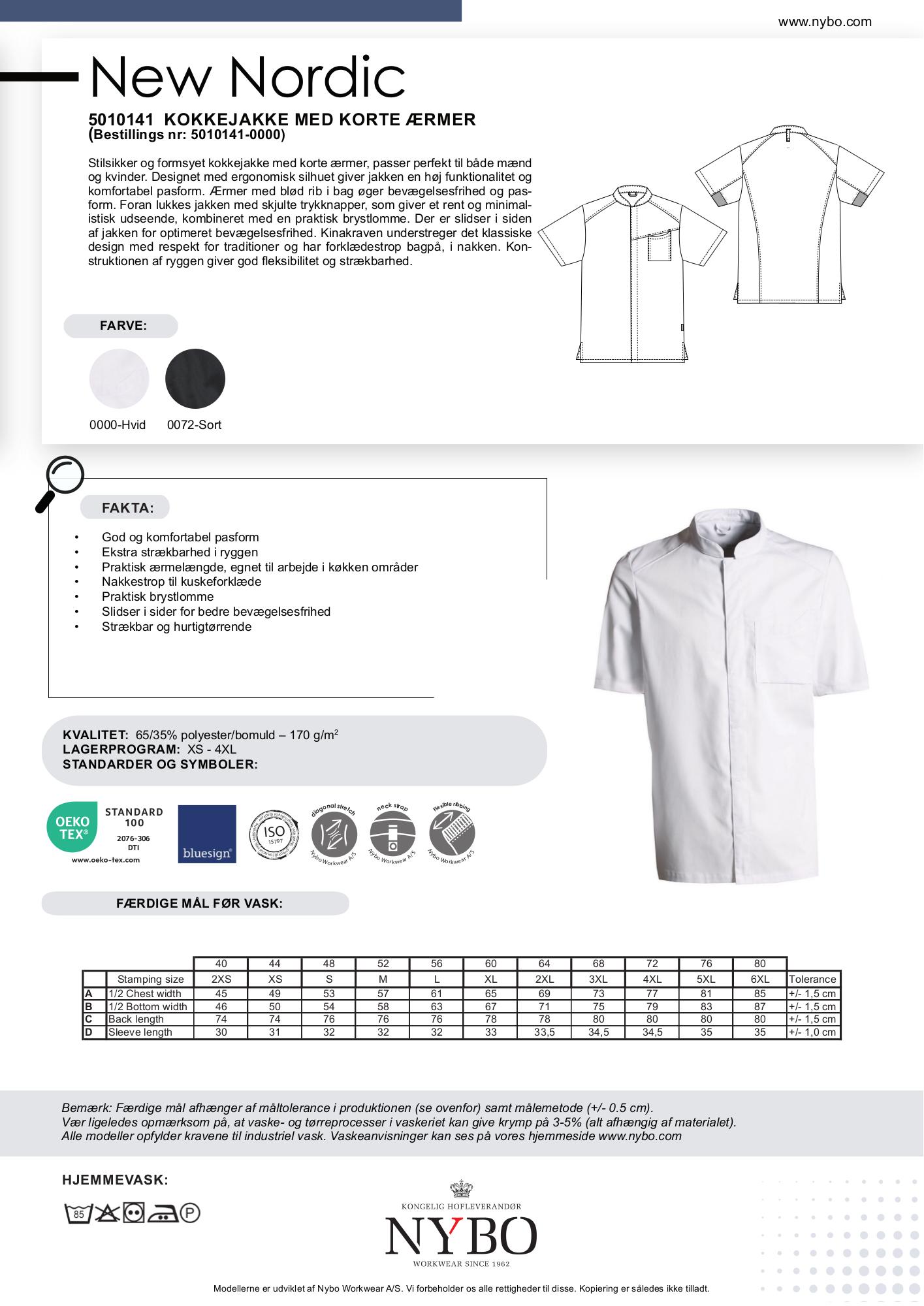 Nybo vit unisex New Nordic kockjacka, kortärmad, bekväm passform, andningsbar