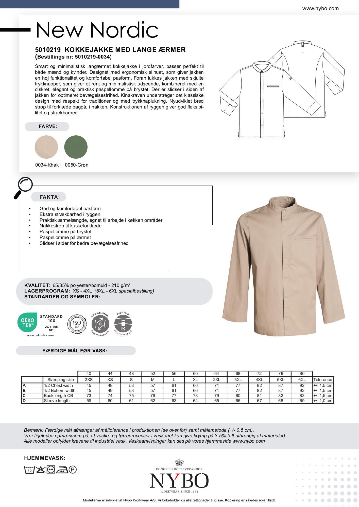 Nybo Khaki Unisex New Nordic Kokkejakke, långärmad, bekväm, elastisk