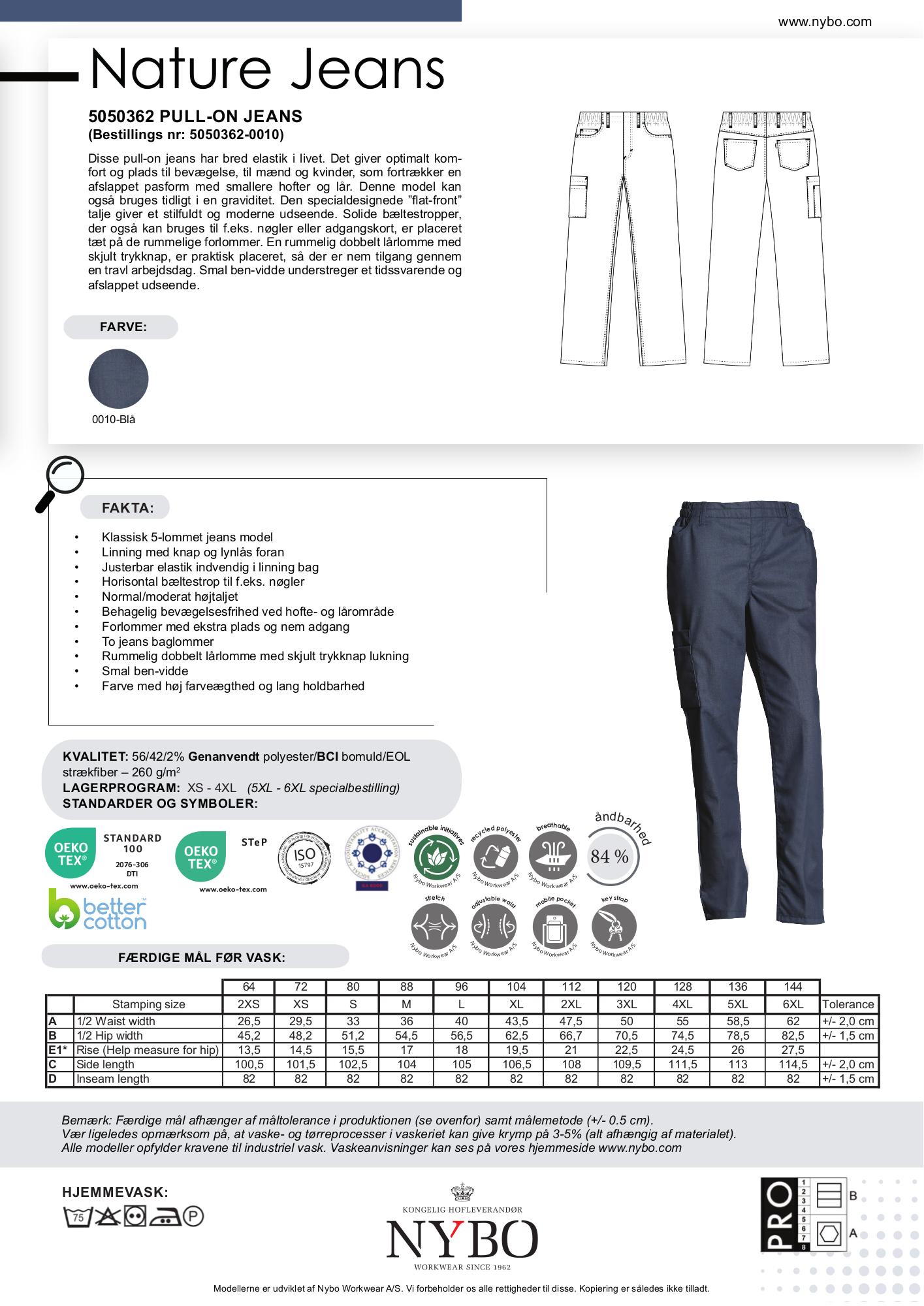 Nybo Blå Unisex Nature Jeans, Pull-on, resår, komfort, slitstark, stretch