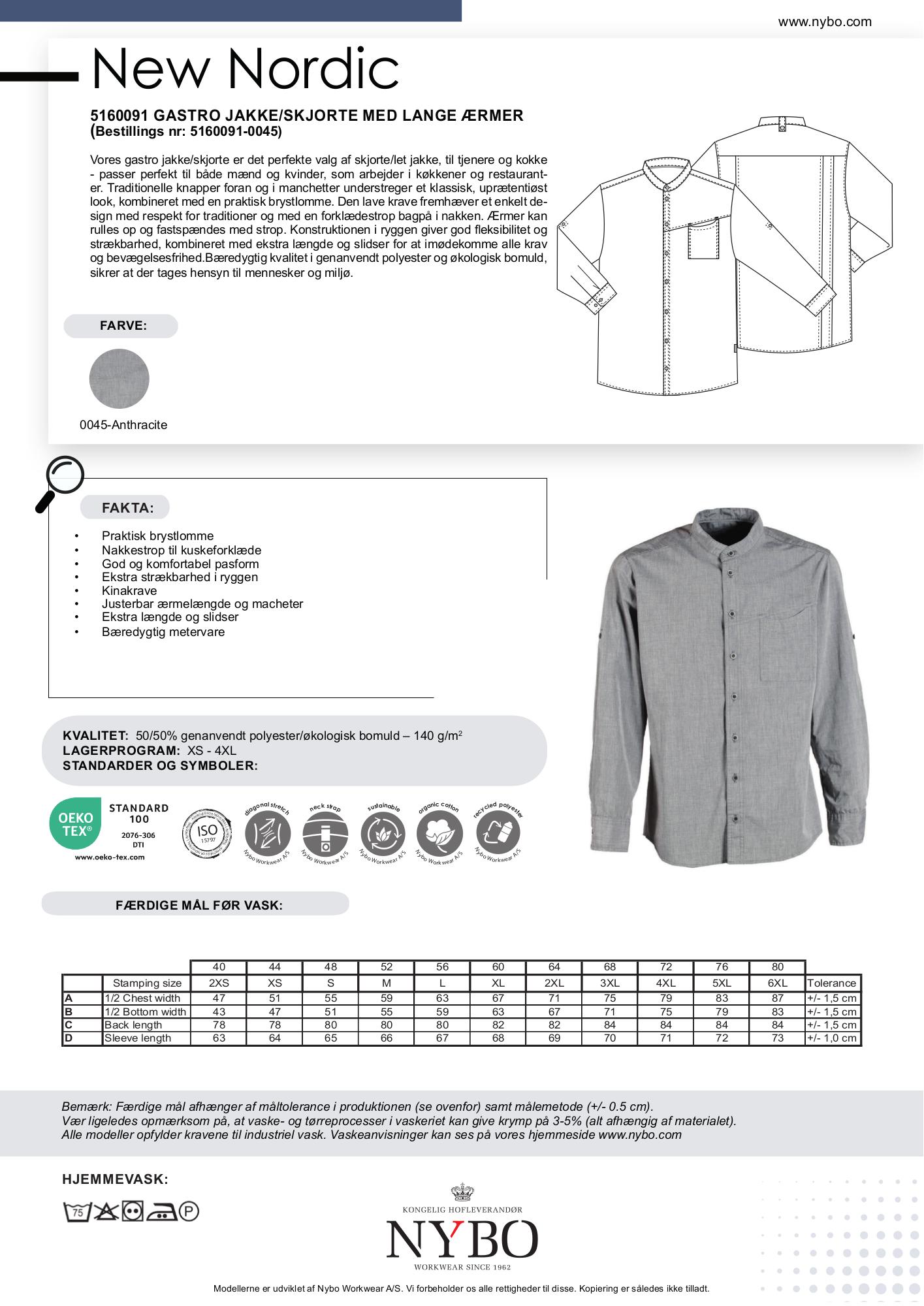 Nybo Koksgrå Unisex New Nordic Gastro Jakke, Långärmad, Stretchbar, Bekväm