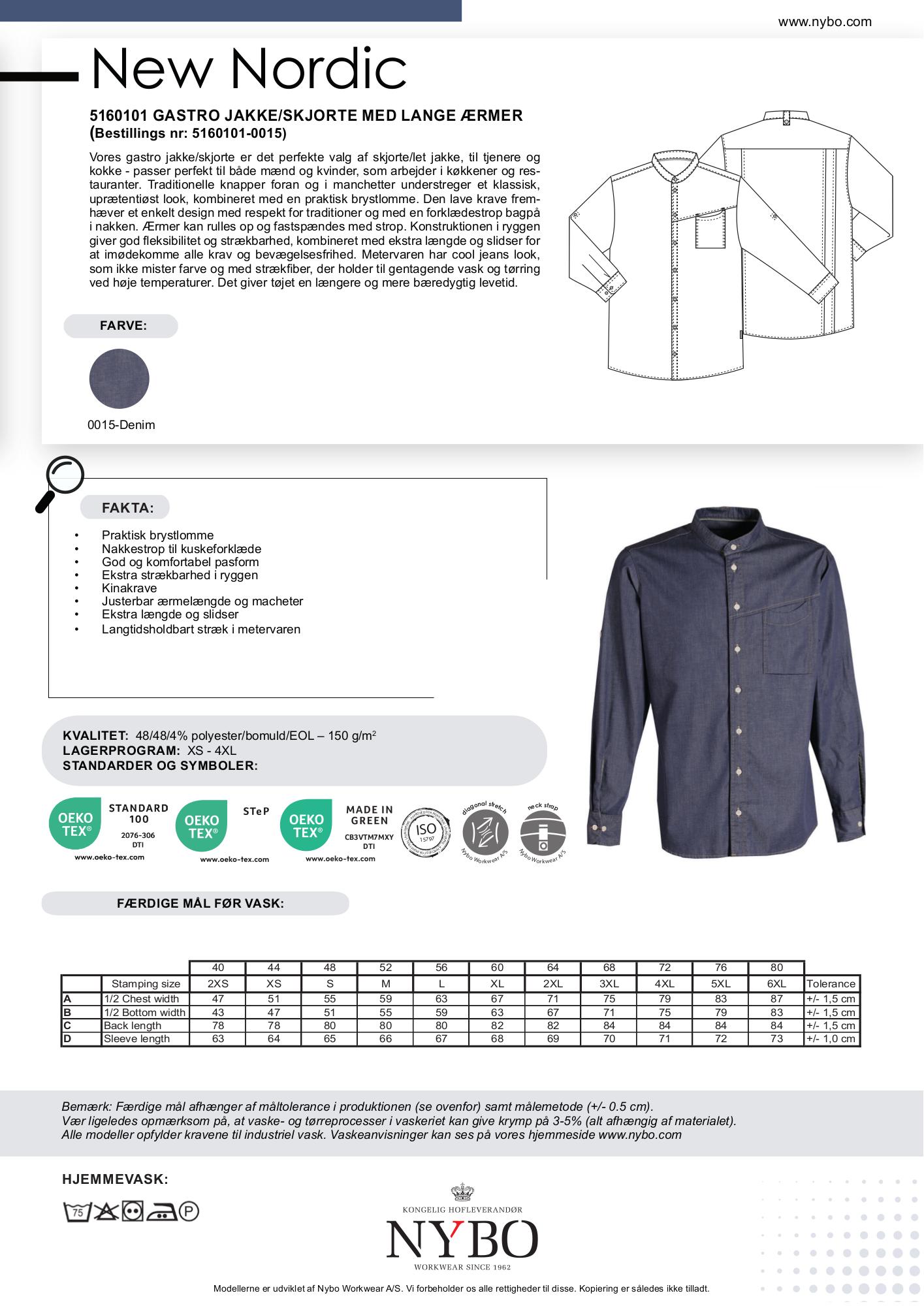 Nybo Denimblå Unisex New Nordic Gastrojacka, Långa ärmar, Elastisk komfort