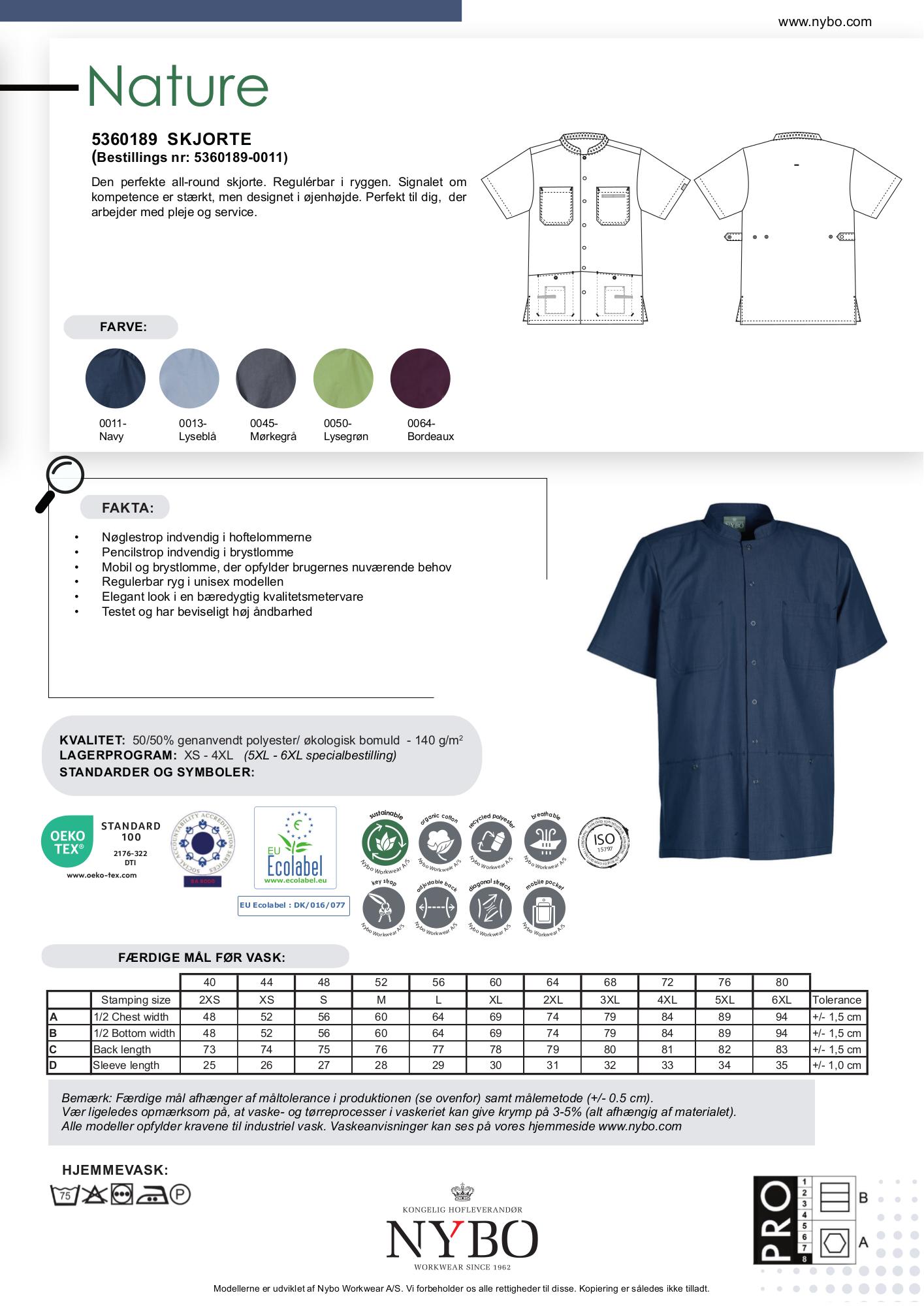 Nybo Navy Unisex Nature Skjorta, justerbar i ryggen, slitstark