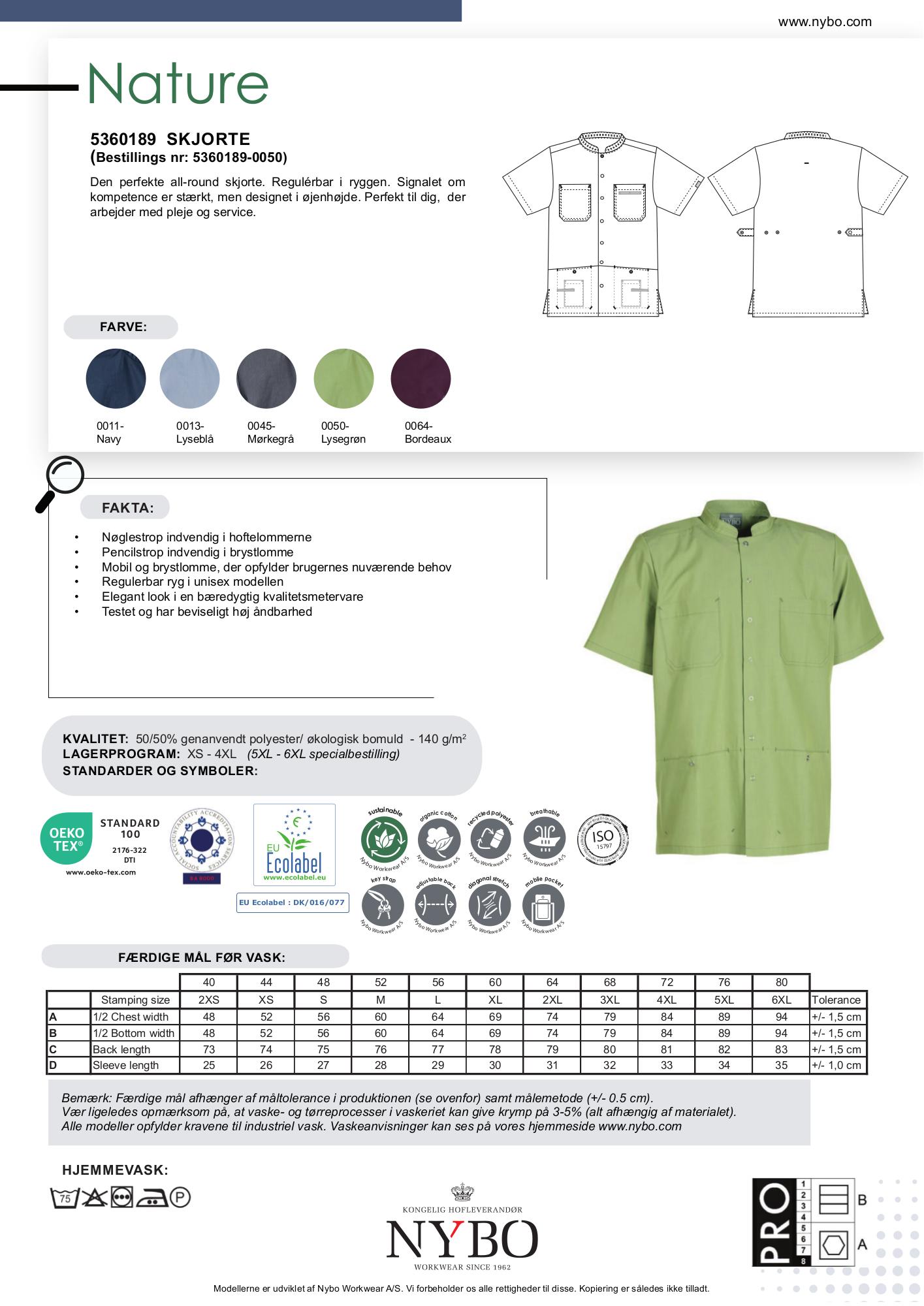 Nybo Grøn Unisex Nature Skjorte, justerbar, slitstark