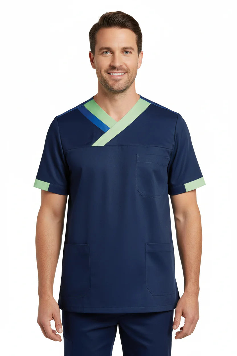 Nybo Nova Premium tunika - unisex, navy/ljusgrön/blå, lång slits, mobilficka, hållbar