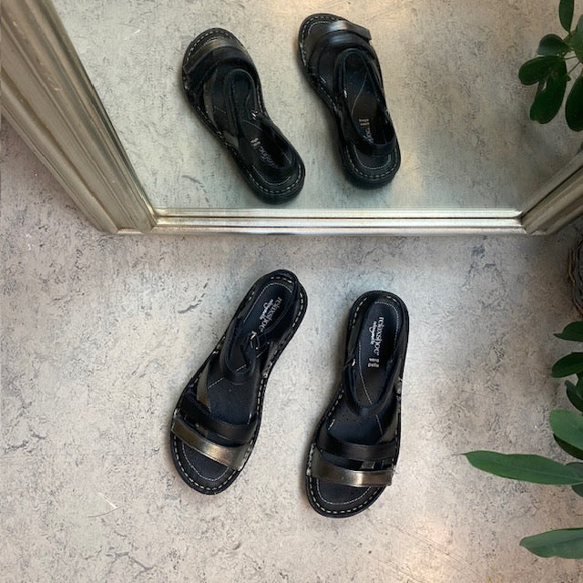 Svart skinnsandal med tre remmar och metallicdetaljer från Relaxshoe