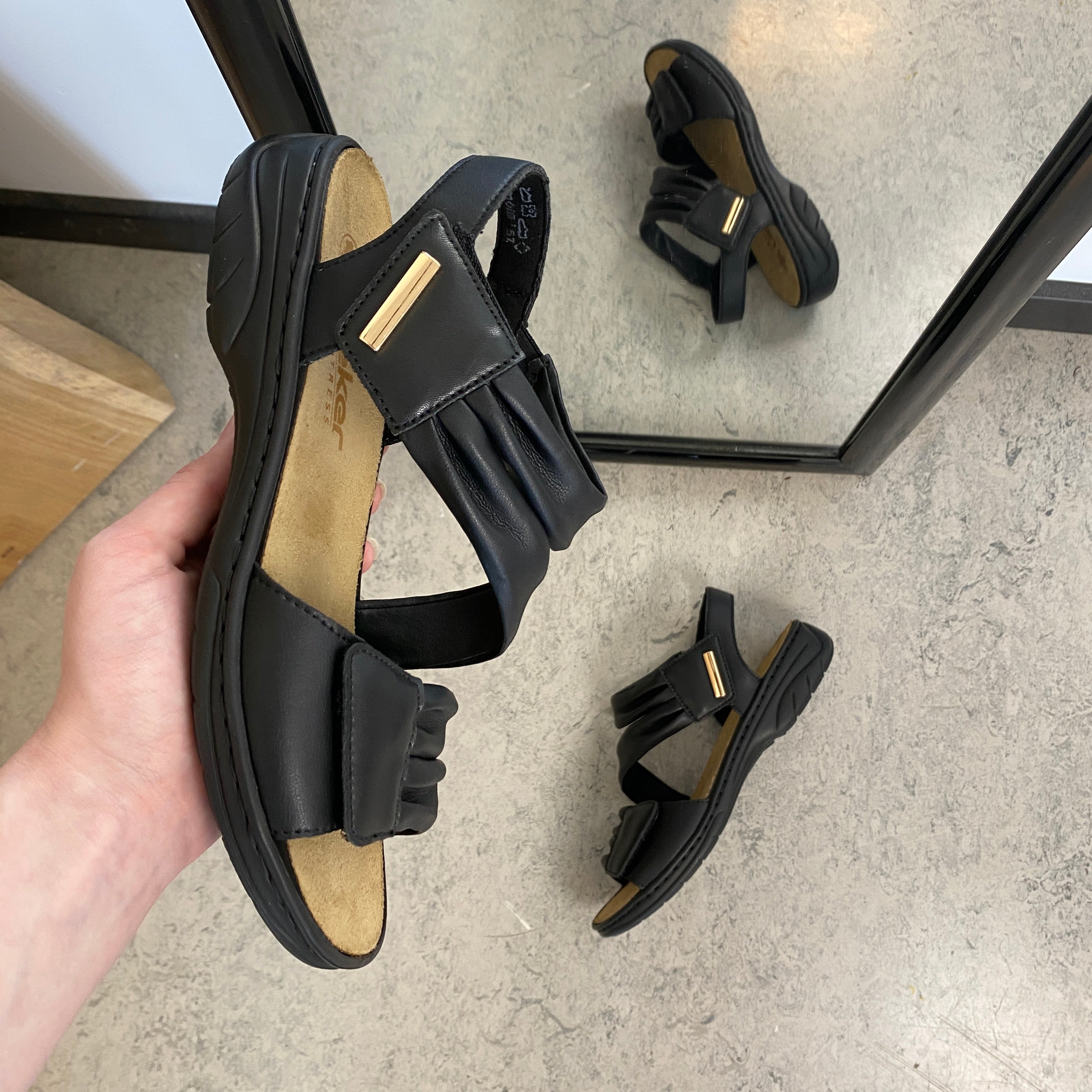 Rieker damsandal svart – klassisk komfort med stöd och justerbar passform