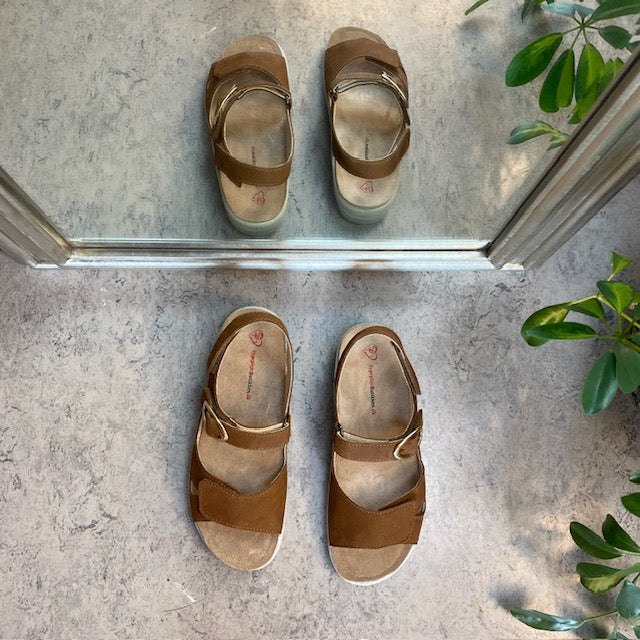 Brun lädersandal med tre justerbara remmar och avtagbar innersula
