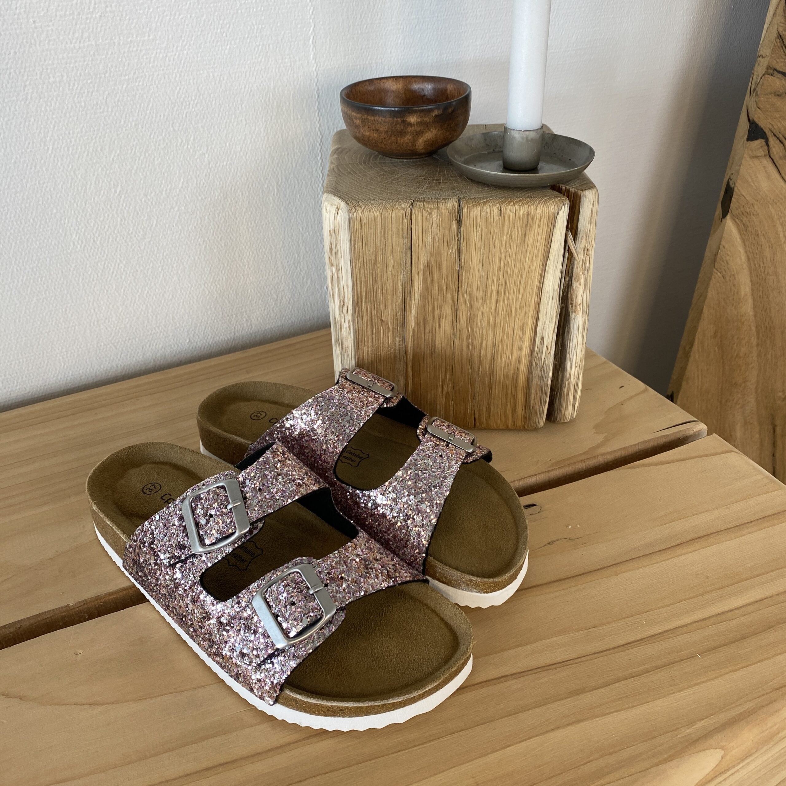 Cph biosandal med breda remmar i roséguldglitter
