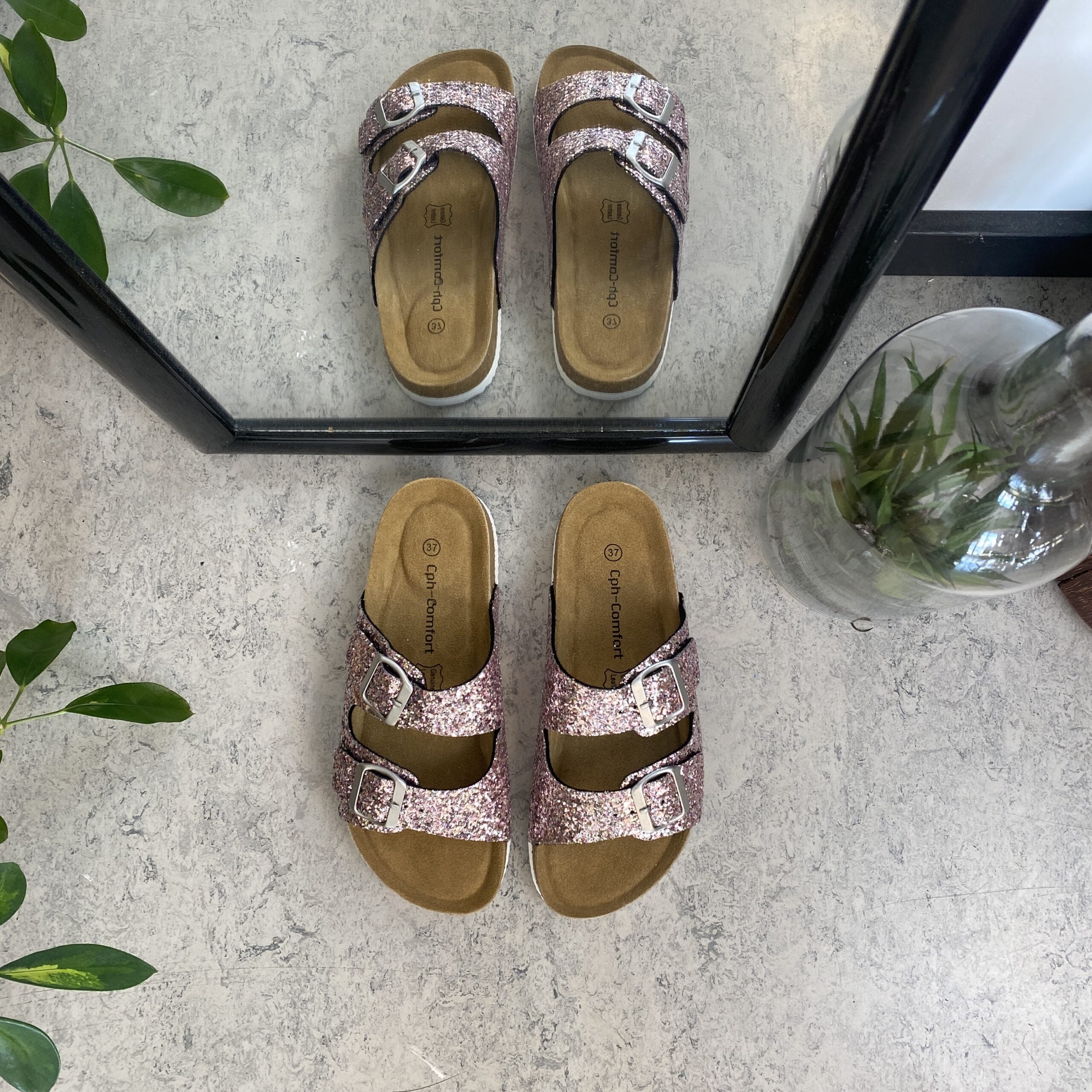 Cph biosandal med breda remmar i roséguldglitter