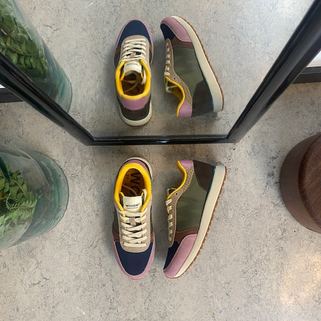 Woden multifärgad sneaker i mesh, läder och mocka – avtagbar korkinnersula & flexibel rågummisula