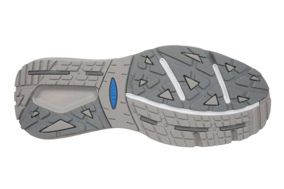 Grå og hvid ydersål på MBT Colorado X dame-sneaker med rullesål og Pivot Axis for optimal komfort.