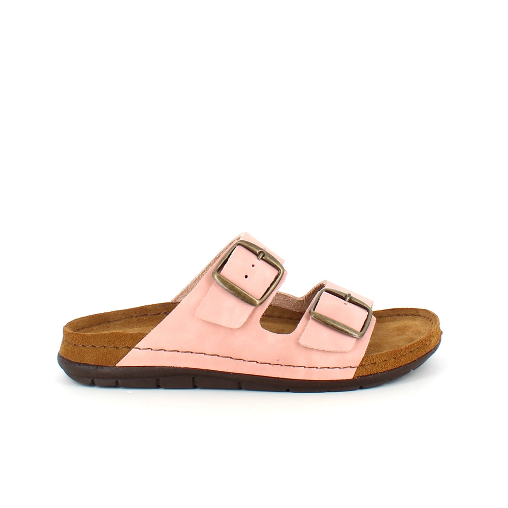 Rosa slip-on-sandal i skinn med breda remmar