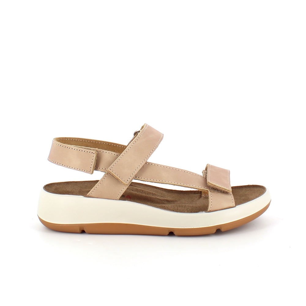 Beige lädersandal med tre justerbara remmar och hålfotsstöd