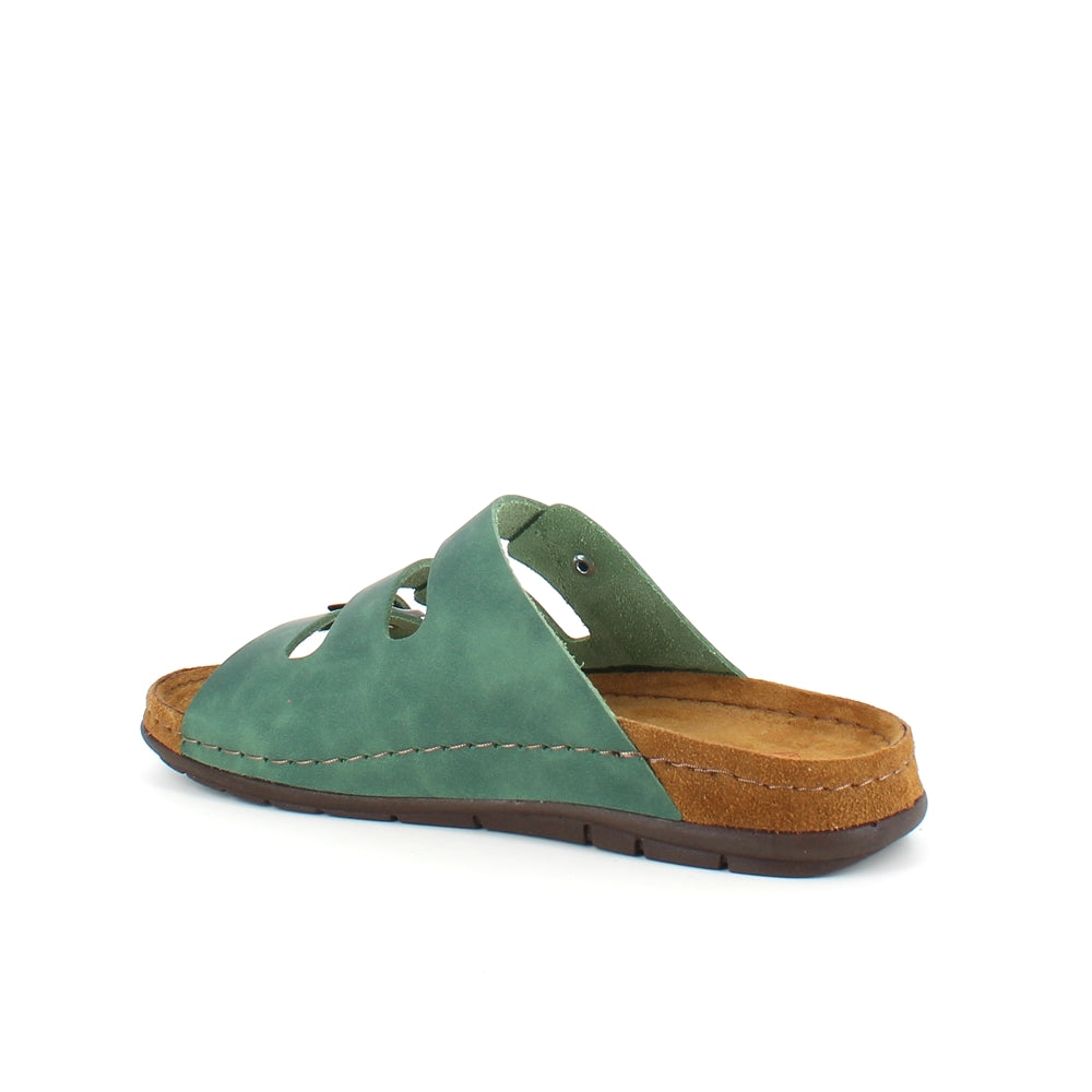 Olivgrön slip-on sandal i läder med smala remmar