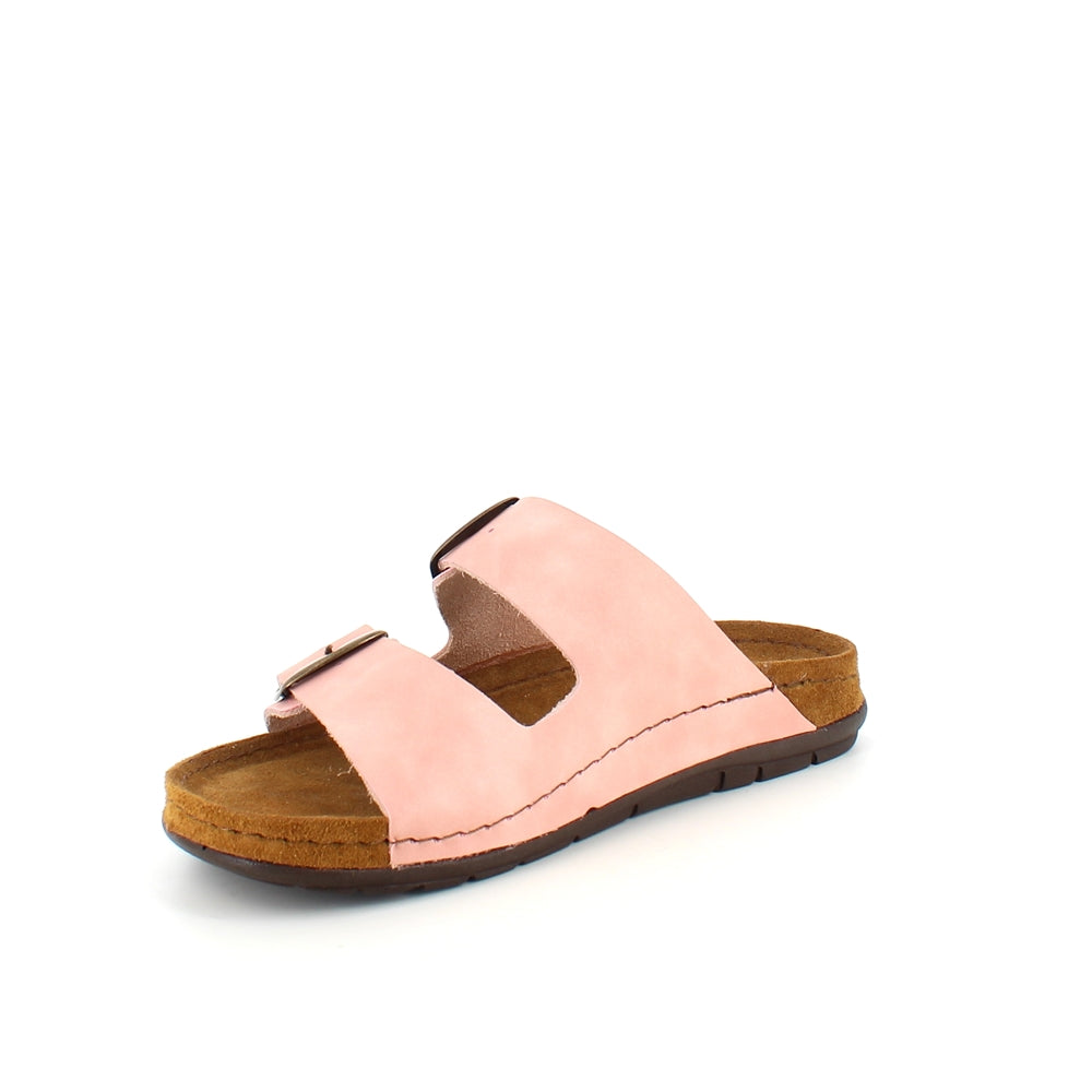 Rosa slip-on-sandal i skinn med breda remmar