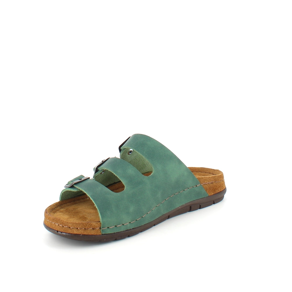 Olivgrön slip-on sandal i läder med smala remmar