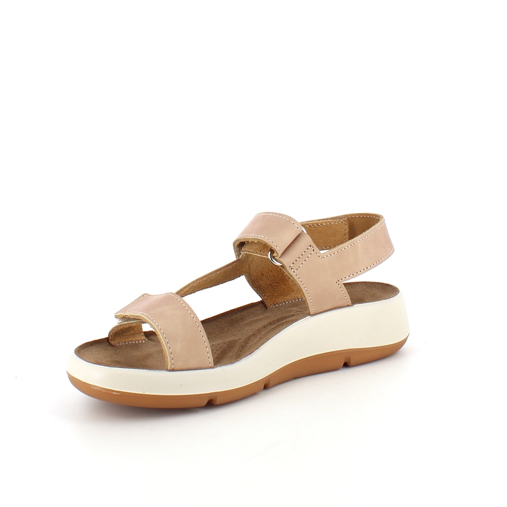 Beige lädersandal med tre justerbara remmar och hålfotsstöd