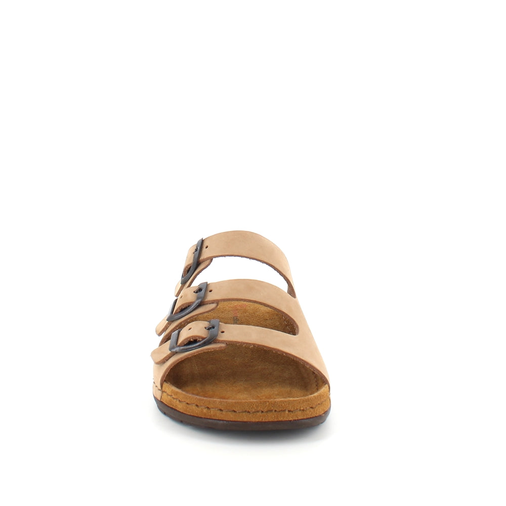 Brun slip-on sandal i läder med smala remmar
