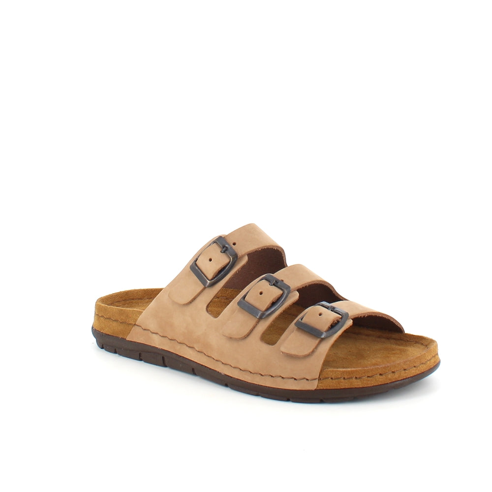 Brun slip-on sandal i läder med smala remmar