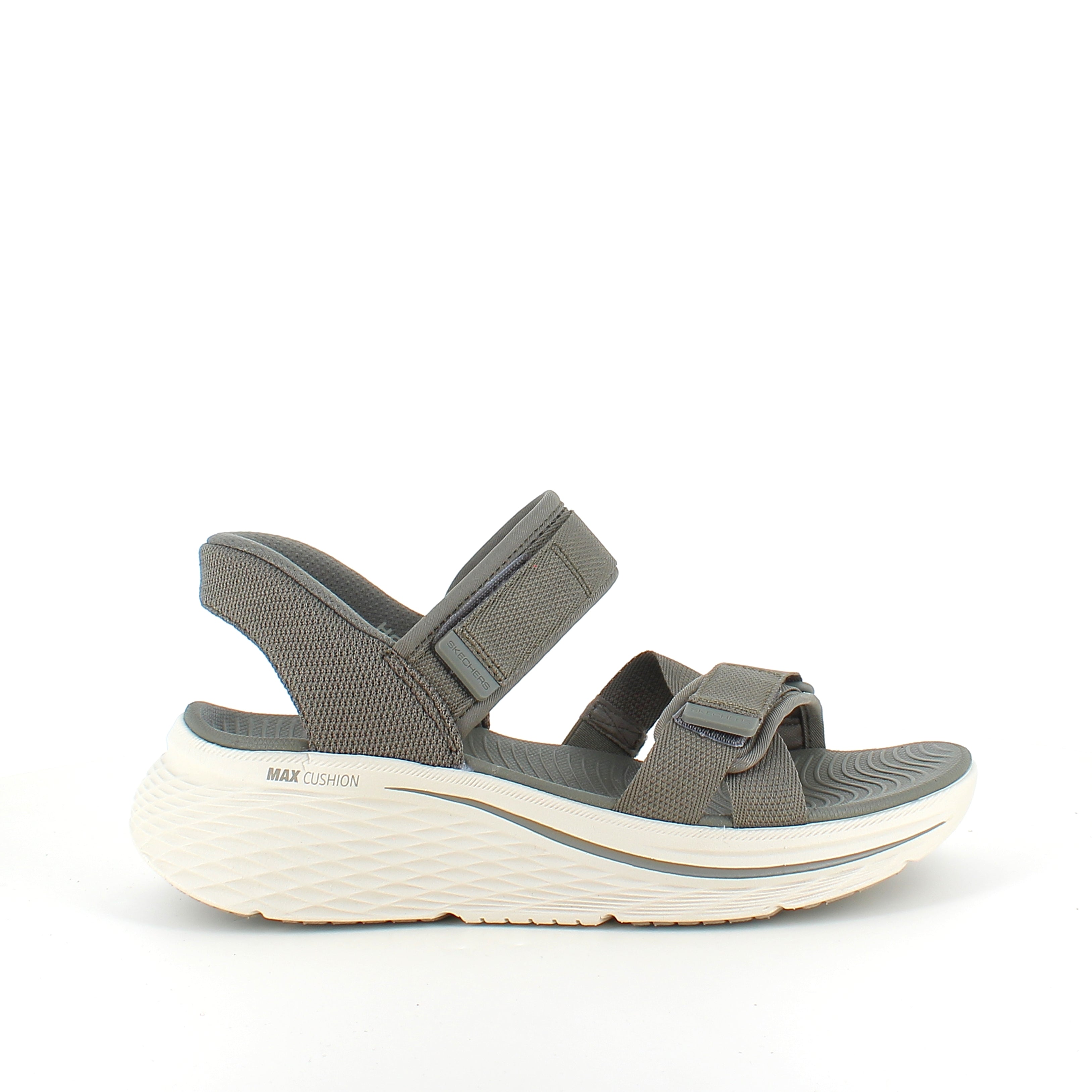 Skechers Max Cushioning-sandal i olivgrön – maximal komfort & enkel Slip-ins-passform