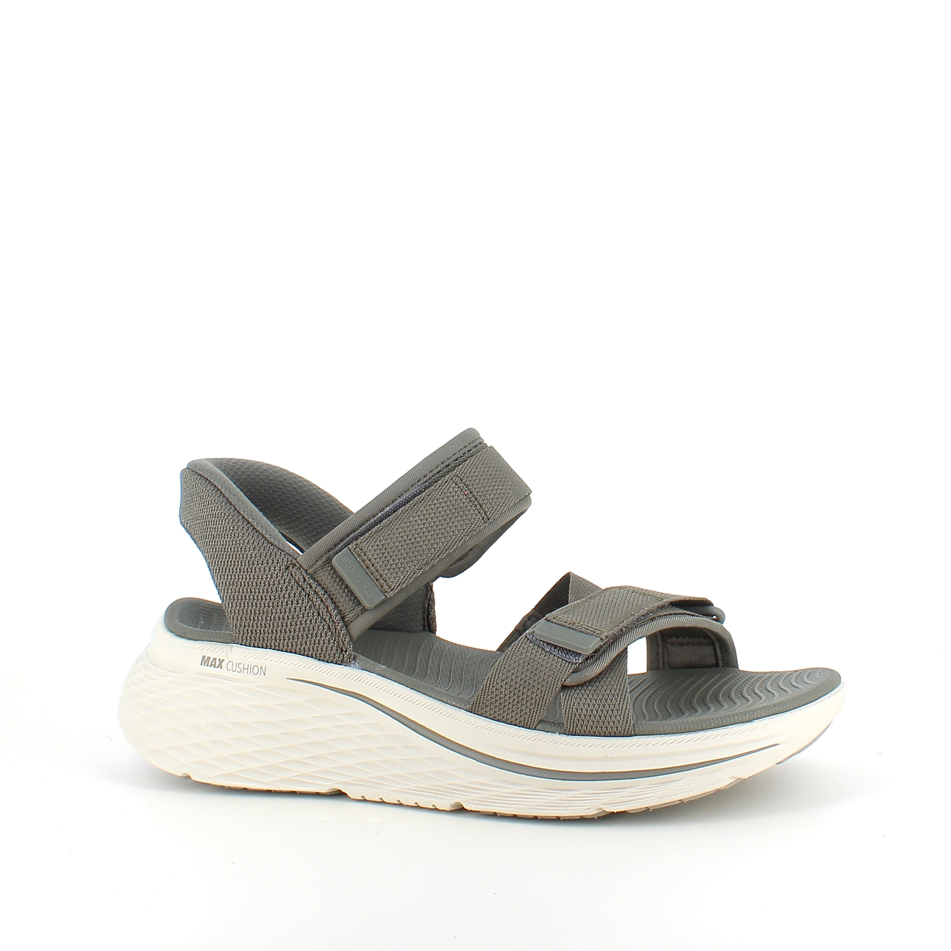 Skechers Max Cushioning-sandal i olivgrön – maximal komfort & enkel Slip-ins-passform