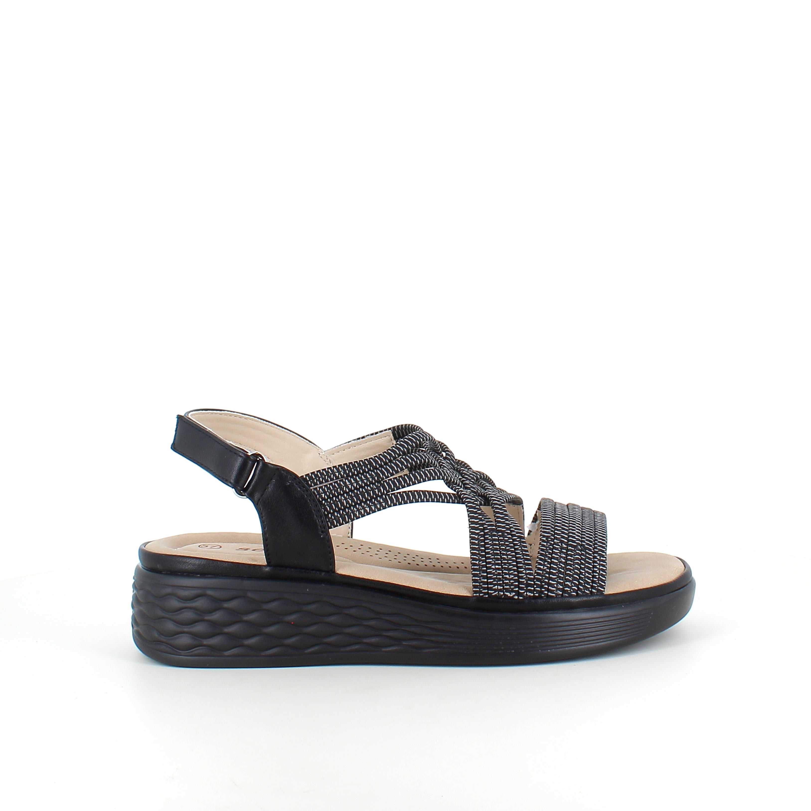 Svart sandal med elastiska remmar och stötdämpande sula