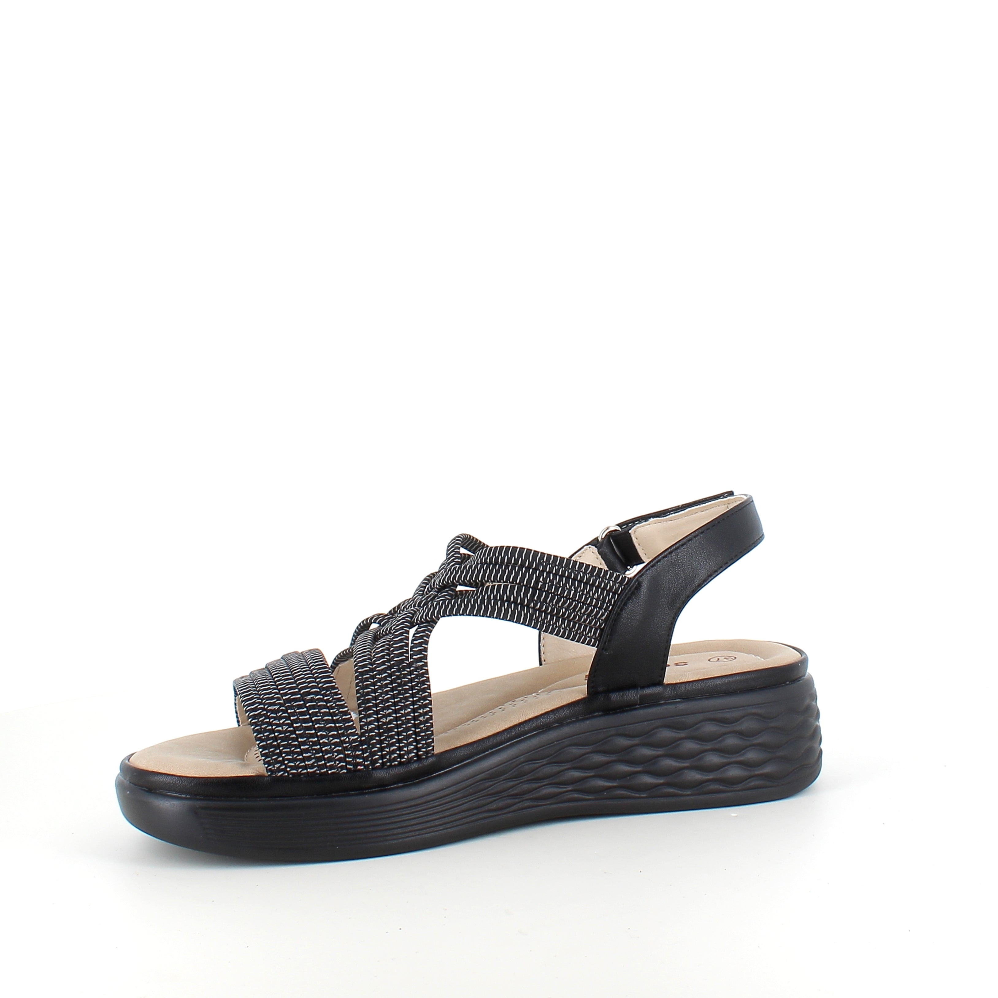 Svart sandal med elastiska remmar och stötdämpande sula