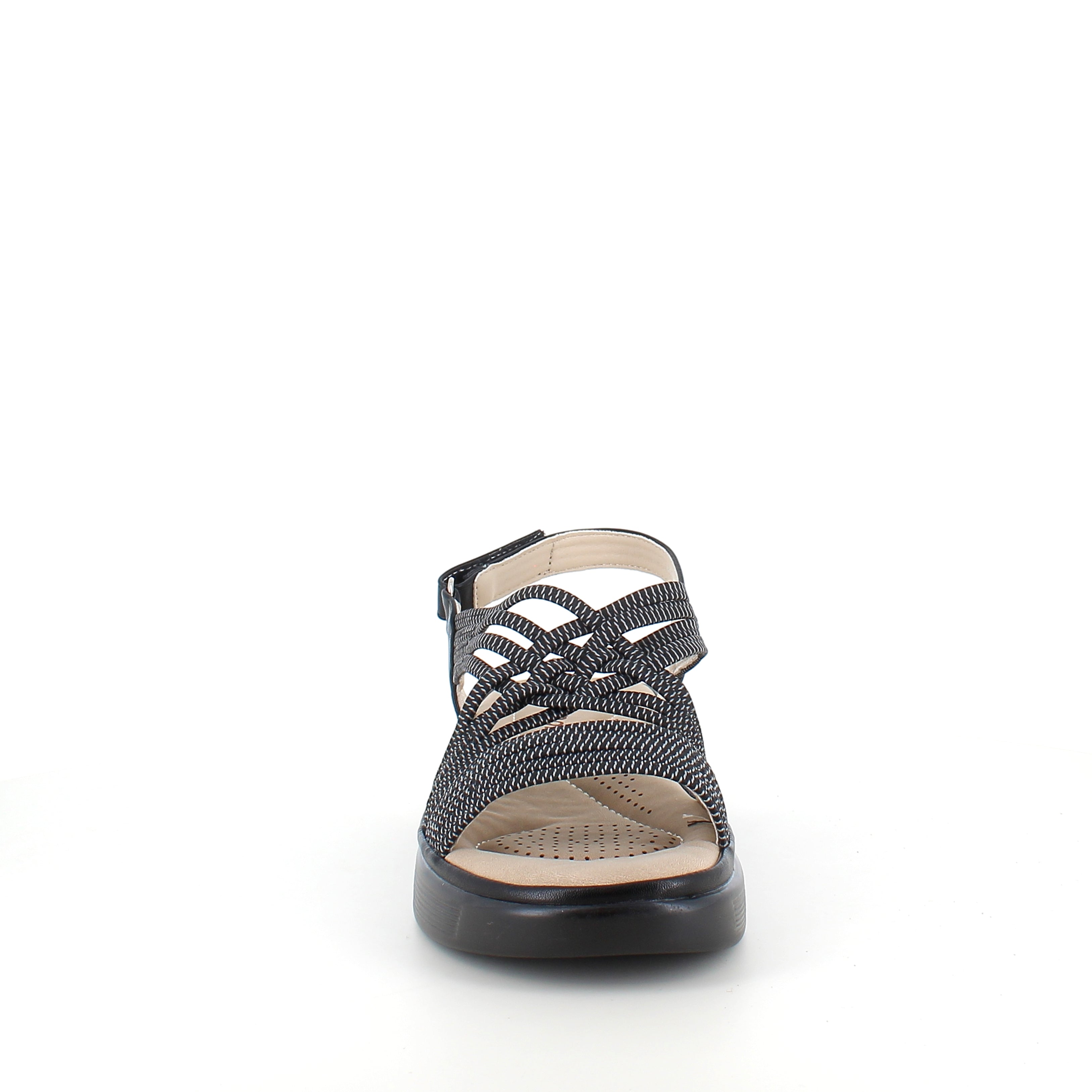 Svart sandal med elastiska remmar och stötdämpande sula