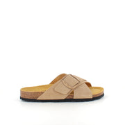 Ljusbrun slip-on sandal i läder med dubbel rem – komfort & stöd från SSKbutiken.se