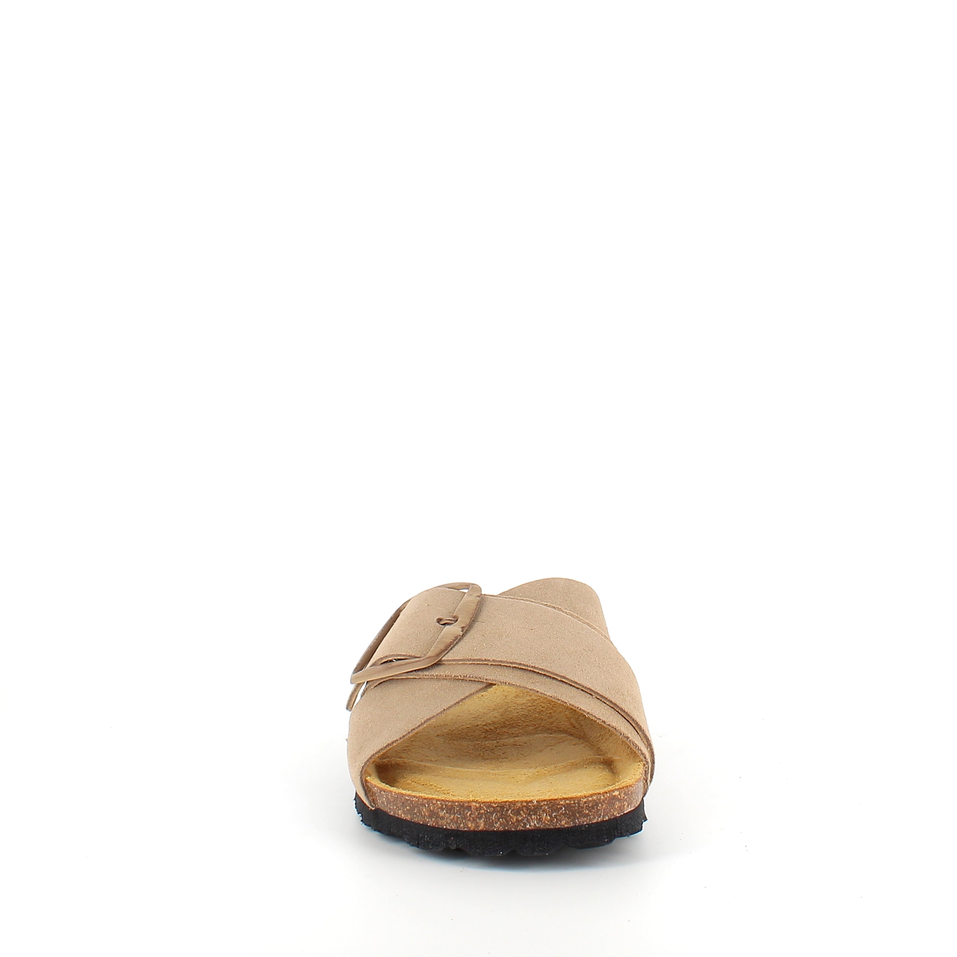 Ljusbrun slip-on sandal i läder med dubbel rem – komfort & stöd från SSKbutiken.se