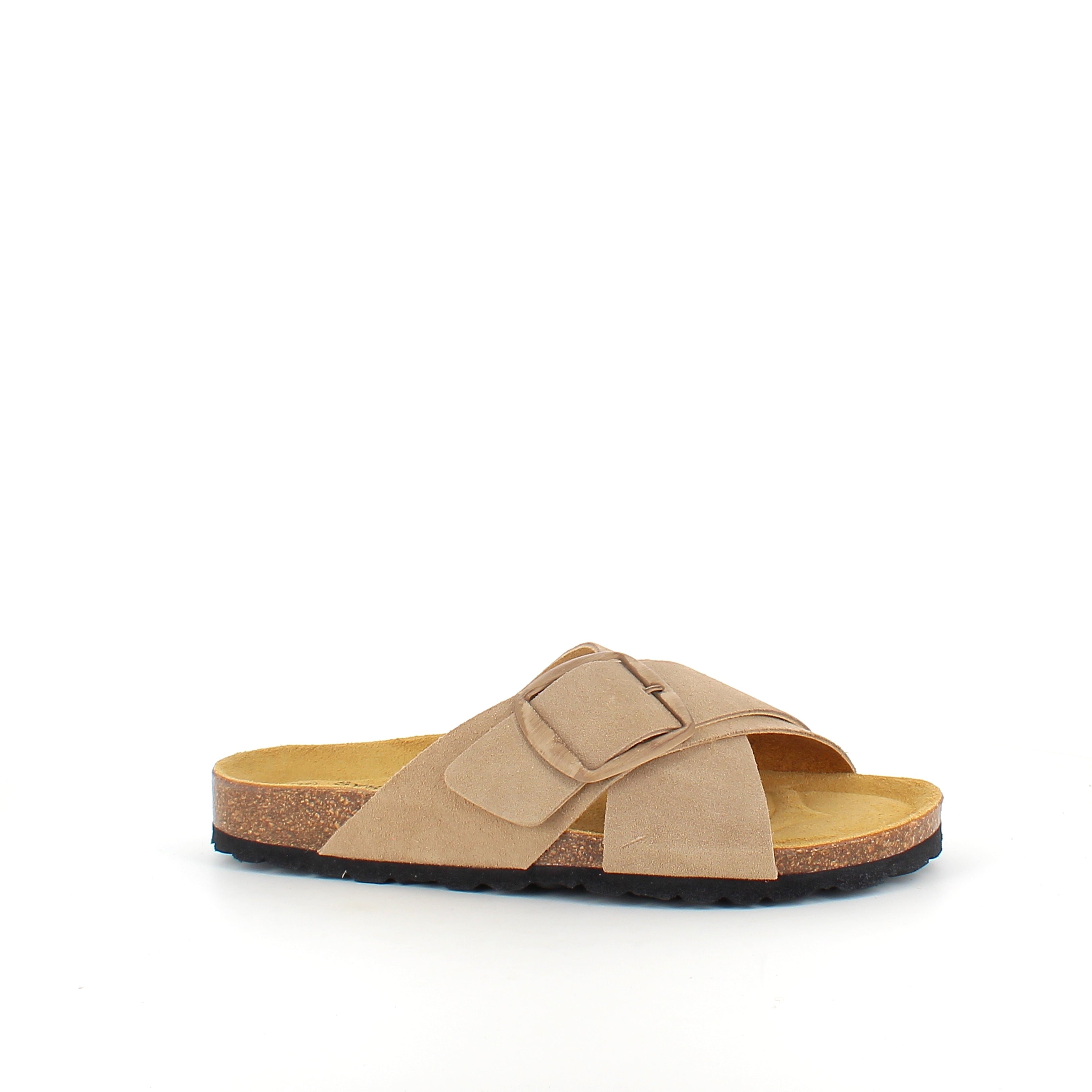 Ljusbrun slip-on sandal i läder med dubbel rem – komfort & stöd från SSKbutiken.se