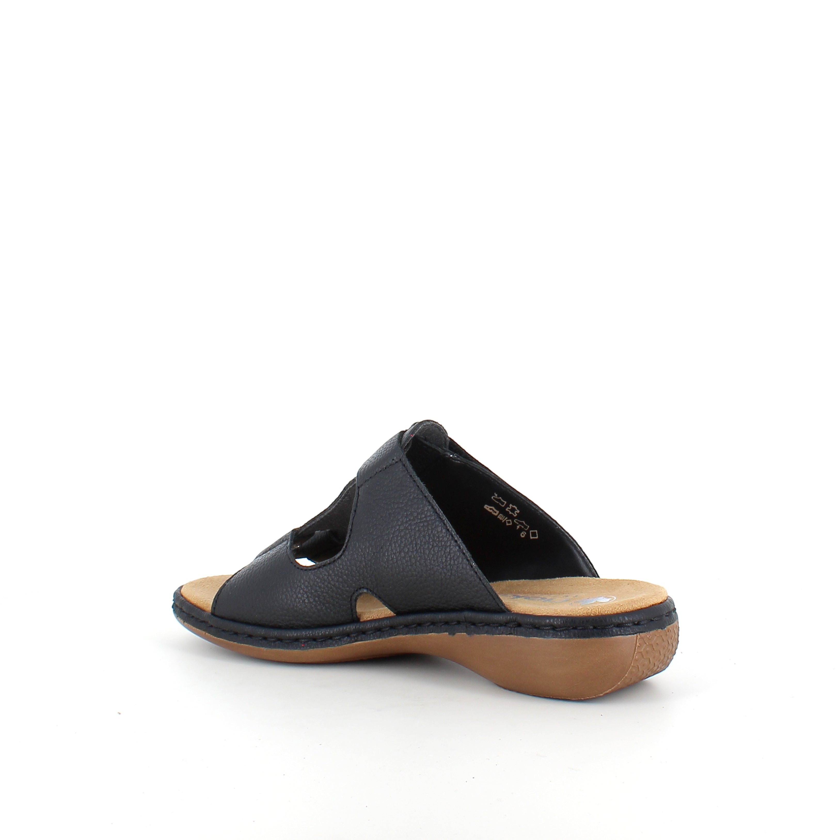 Rieker damsandal svart – elegant slip-on med mjuk Antistresskomfort