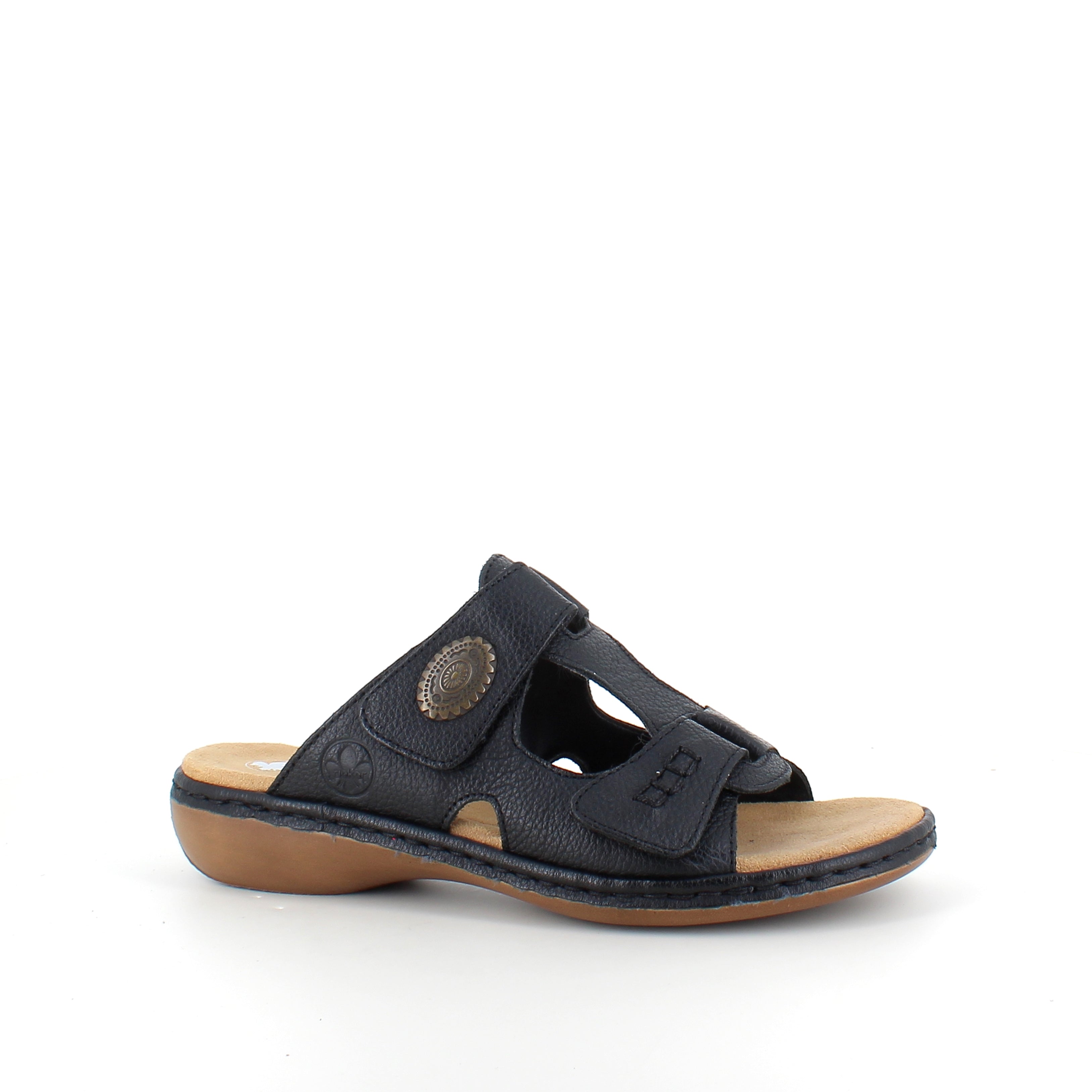 Rieker damsandal svart – elegant slip-on med mjuk Antistresskomfort