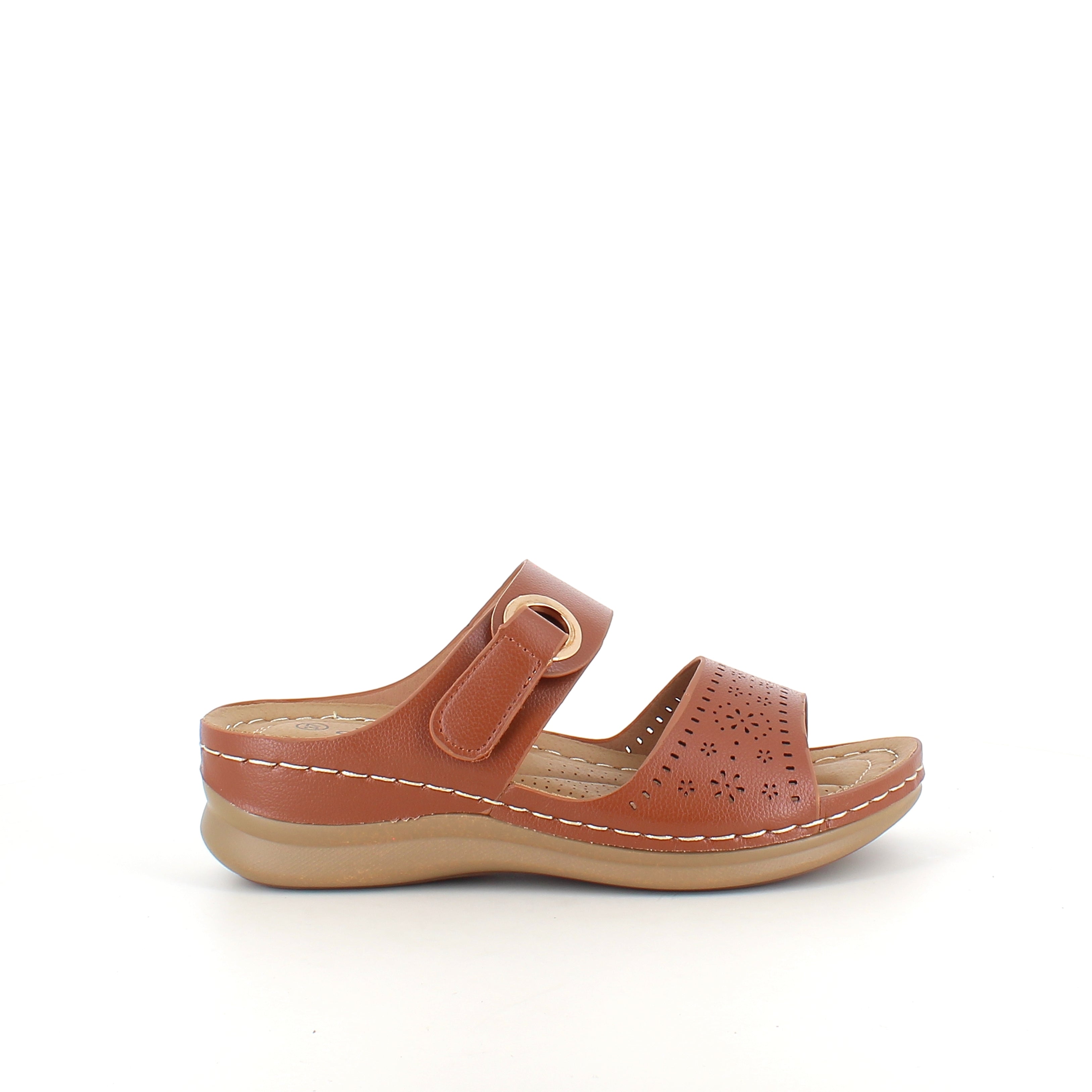 Brun slip-on sandal med kardborrerem – varm ton & feminin silhuett