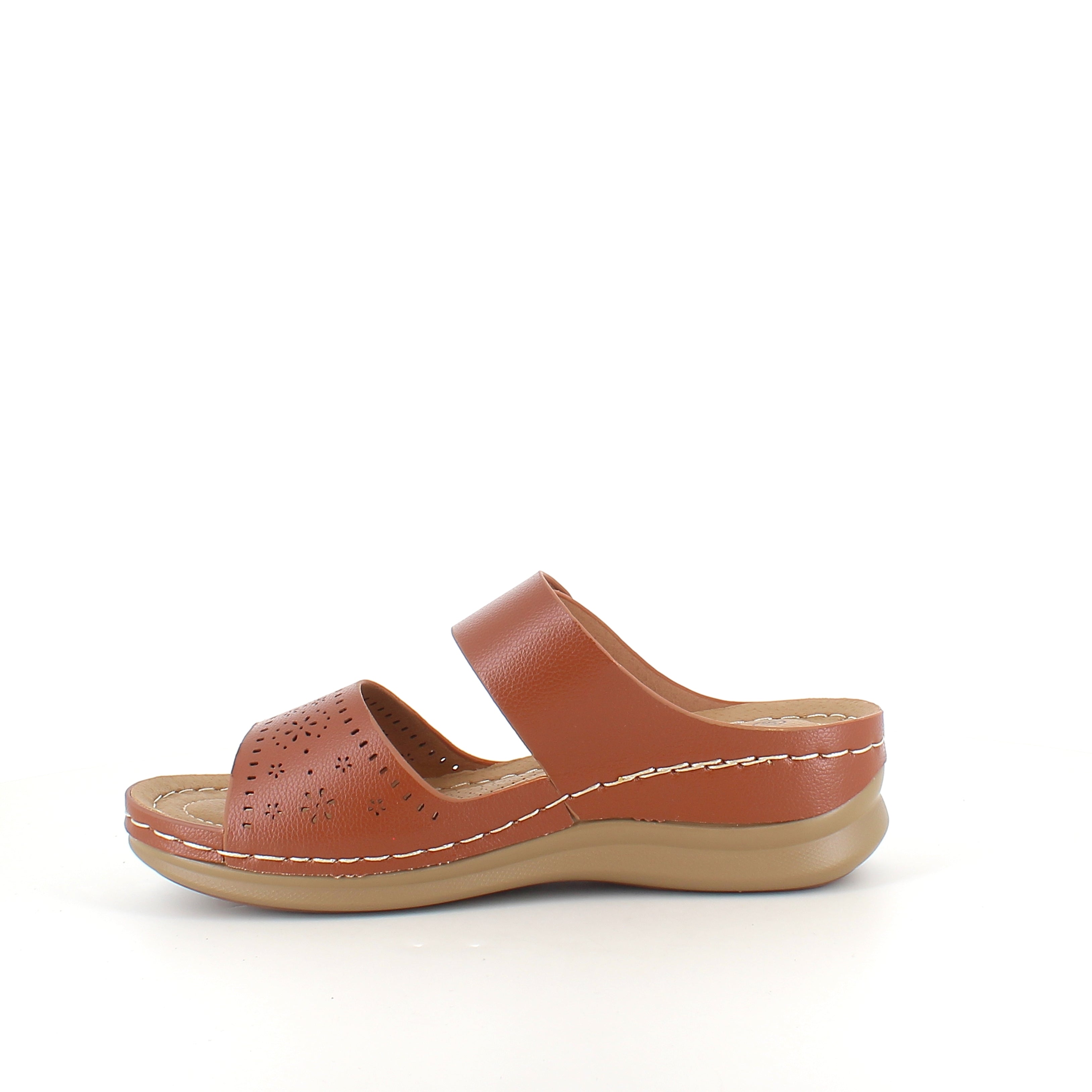 Brun slip-on sandal med kardborrerem – varm ton & feminin silhuett